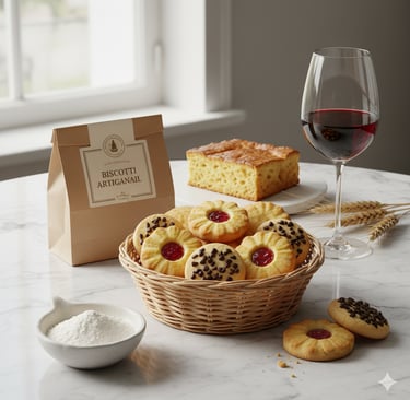a basket of cookies and a glass of wine