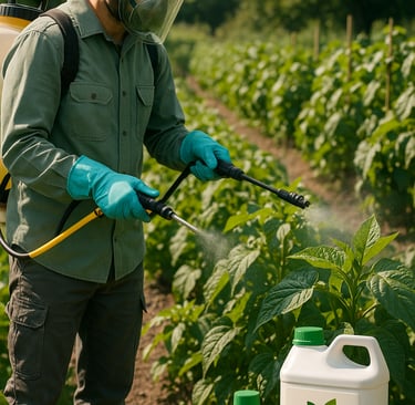 a man in a hat and a hat is spraying a plant