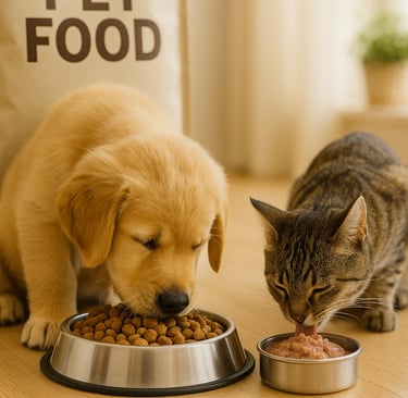 a cat and a dog are eating food