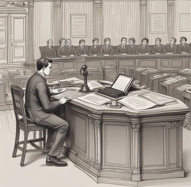 A determined woman sitting at a desk, typing on a laptop with a stack of legal documents beside her.