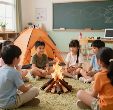 preschool camping fire and tent