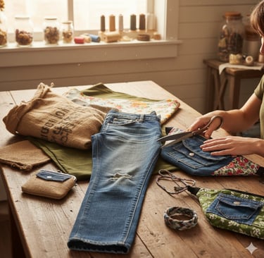 un jean, du tissu, des sacs banane sur une table, la couturiere va découper le tissu
