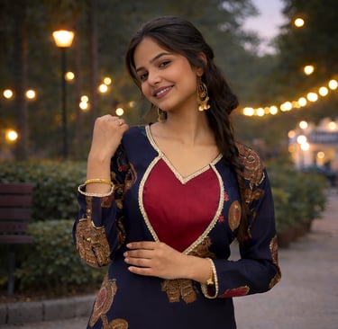 Smiling woman wearing an embroidered blue and red ethnic Indian dress with gold jewelry.