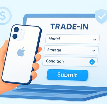 a person holding a phone in front of a before trading in the phone