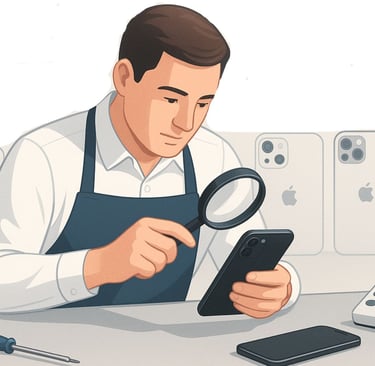 a technician in a white shirt inspecting a cell phone before customer is paid out for trade in