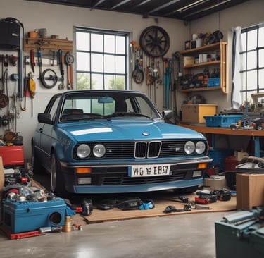 An organized garage showcasing various automotive tools and equipment.
