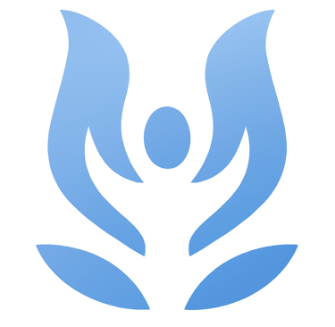 Blauw logo-symbool dat lichaam en geest in verbinding toont.