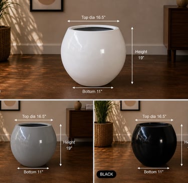 A large round frp pot with dimension shown in white, grey, and black finishes for modern home decor.