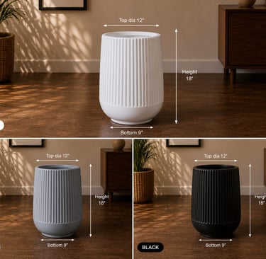 Modern ribbed frp floor planters in white, grey, and black showing 18 inch height dimensions.
