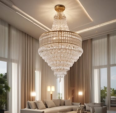A modern living room illuminated by stylish pendant lights.