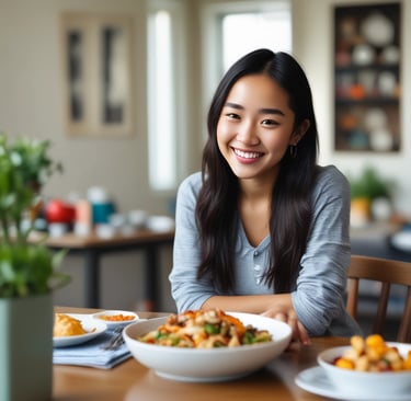 a close up shot of a chinese teen girl sitting at a table with a bowl of food modern home background