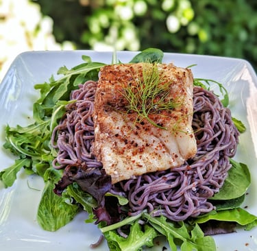 Sous Vide Wild Cod, Purple Sweet Potato Noodles & Greens. gluten-free dairy-free healthy tualatin