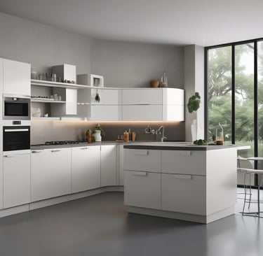 A minimalist kitchen design with white cabinetry and a marble countertop.