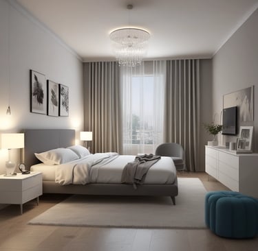 A luxurious master bedroom with a large bed and soft lighting.