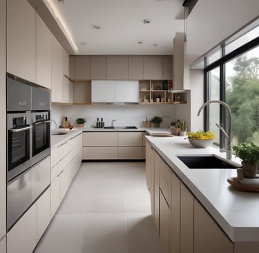 A spacious kitchen with an open layout and large windows for natural light.