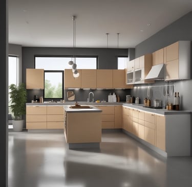 A cozy kitchen with rustic wooden elements and warm lighting.