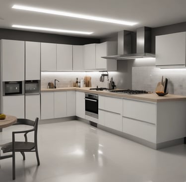 An elegant kitchen island with bar stools and modern appliances.