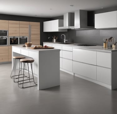 A modern kitchen design featuring sleek cabinets and a spacious layout.