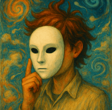 a person who is about to remove a white mask from their face. Image created using AI