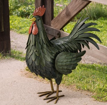Rustic metal rooster garden statue standing on a path near a wooden fence and grass.