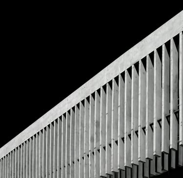A high-contrast, black and white architectural shot