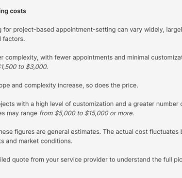 Screenshot showing thorough understanding of project-based pricing costs in the article, B2B Appoint