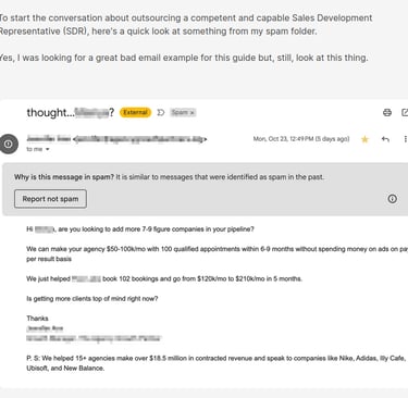 Screenshot of a cold email embedded in the article, A guide to SDR outsourcing: 21 exploratory quest