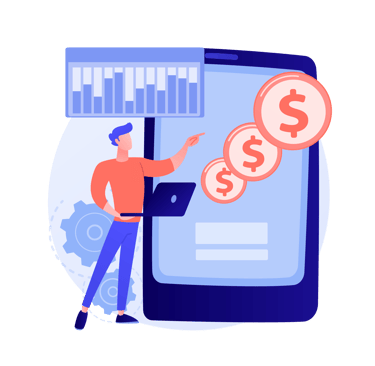 a man standing in front of a phone with a laptop and money