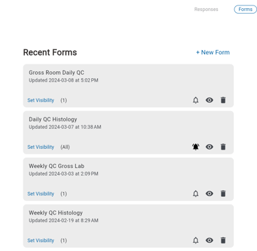 LabQCPro quality control form list on website admin.