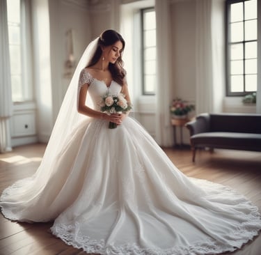 A bride in an elaborate wedding dress is posing, surrounded by a large group of photographers capturing her with professional cameras. The scene is set indoors, with natural light coming through large windows and additional lighting equipment in use.