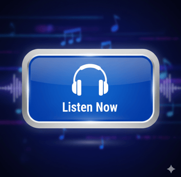 A glossy blue Listen Now button with a white headphone icon over a dark musical background.