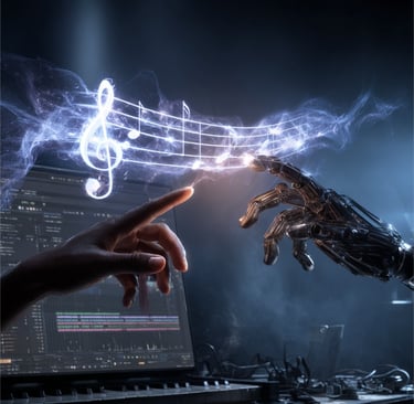 „Symbolbild für KI-Musik: Mensch und künstliche Intelligenz komponieren gemeinsam ein Musikstück – Verbindung von Technologie
