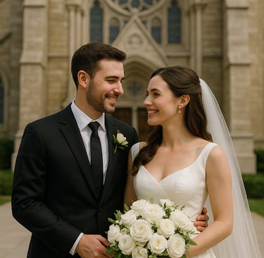 Mann und Frau Heiraten vor einer Kirche im klassischen Stil! Brautkleid und Anzug