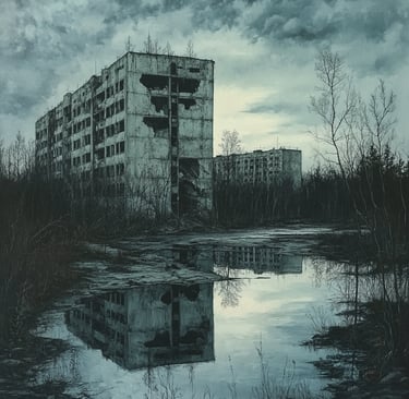 Paesaggio con edificio abbandonato in rovina. Pripryat, in Ucraina.
