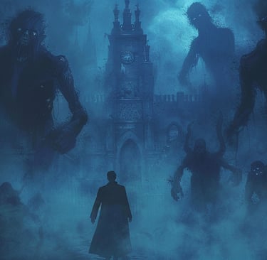 Illustrazione oscura di un uomo in cappotto che cammina tra la nebbia, circondato da mostri.