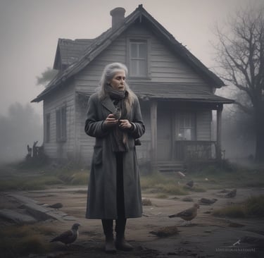 a woman in a coat and scarf standing in front of a house