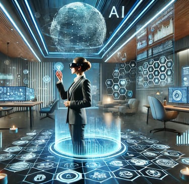 a woman in a virtual reality suit standing in a futuristic room