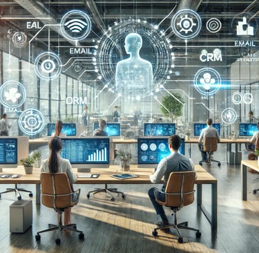 a group of people sitting at desks with computers and laptops