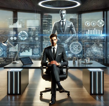 a man in a suit and tie is sitting at a desk with a robot