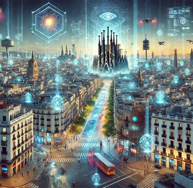 a cityscape with a lot of lights and a lot of bubbles