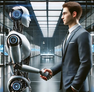 a man in a suit shaking hands with a robot