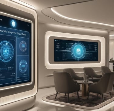 a futuristic looking room with a large screen on the wall