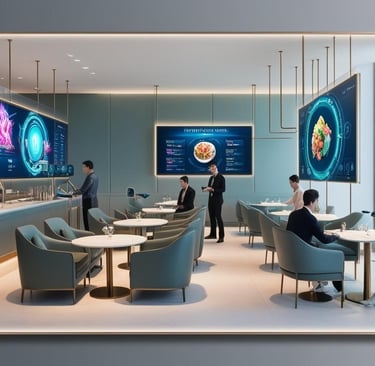 Restaurante moderno con tecnología digital integrada, demostrando la convergencia de IA