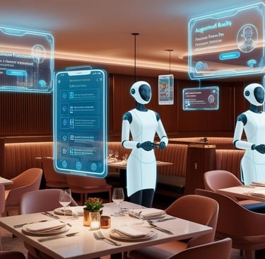 "Restaurante moderno con tecnología digital integrada, mostrando estrategias de marketing emocional 