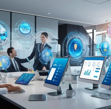 a group of people sitting at a table with laptops