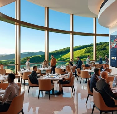 Restaurante moderno con tecnología digital integrada, ofreciendo experiencias interactivas y persona