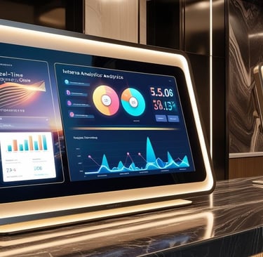 a counter top with a monitor screen displaying a display of graphs