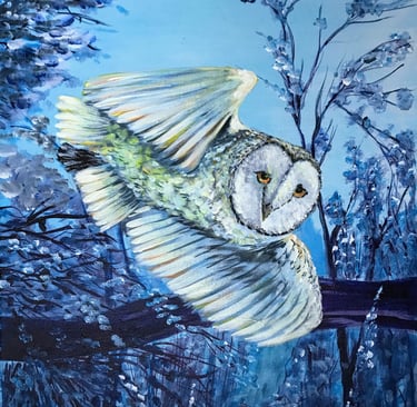 a painting of a owl in flight