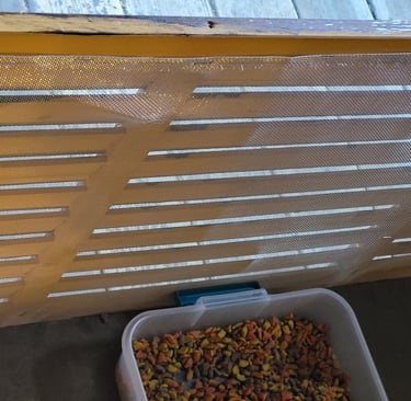 Screening over slats inside box.
