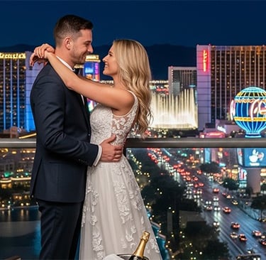 a bride and groom standing on a balcony overlooking the las vegas strip